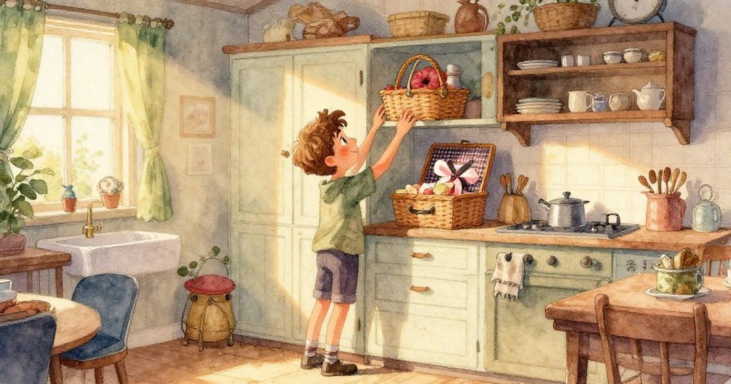 凱恩的手輕觸光滑籃子,特寫細節呈現廚房內櫥櫃溫柔光影和期待心情。