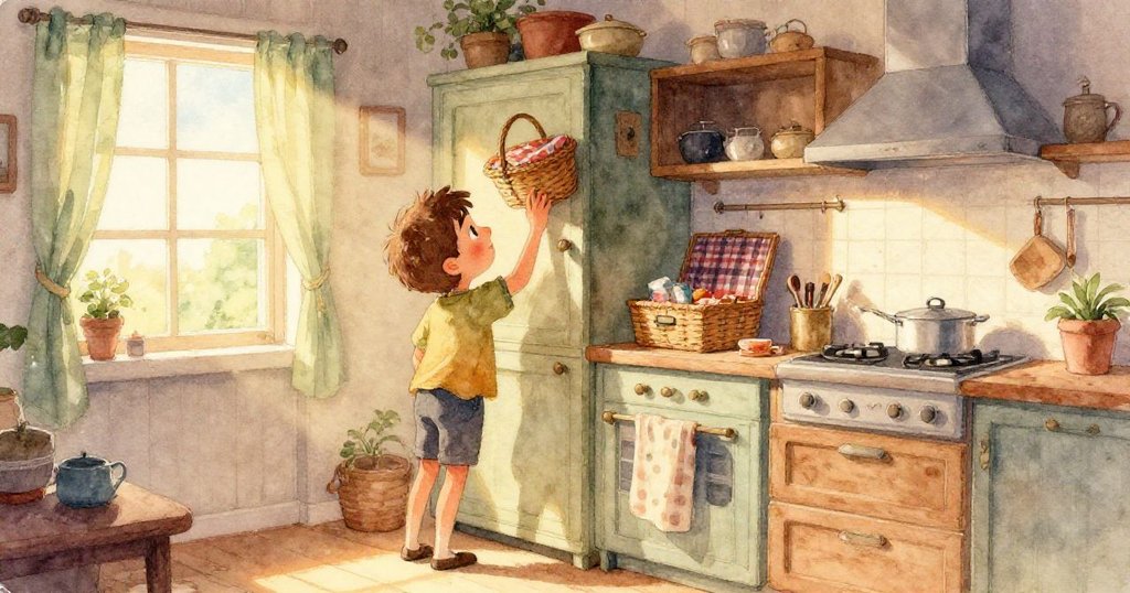 玻璃罐傾斜觸碰湯匙,碗盤滾動引起連鎖聲響,凱恩驚訝後退,廚房中展現熱鬧混亂。