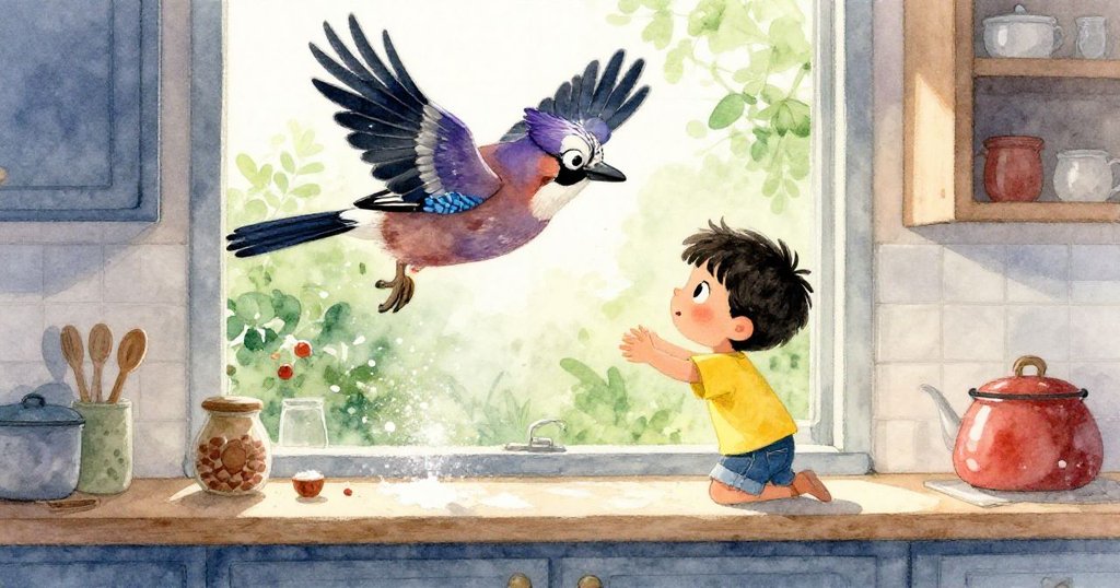 窗外喜鵲飛去,室內粉塵隨光舞動,凱恩小心側步避讓,呈現季節溫柔與廚房混亂對比。