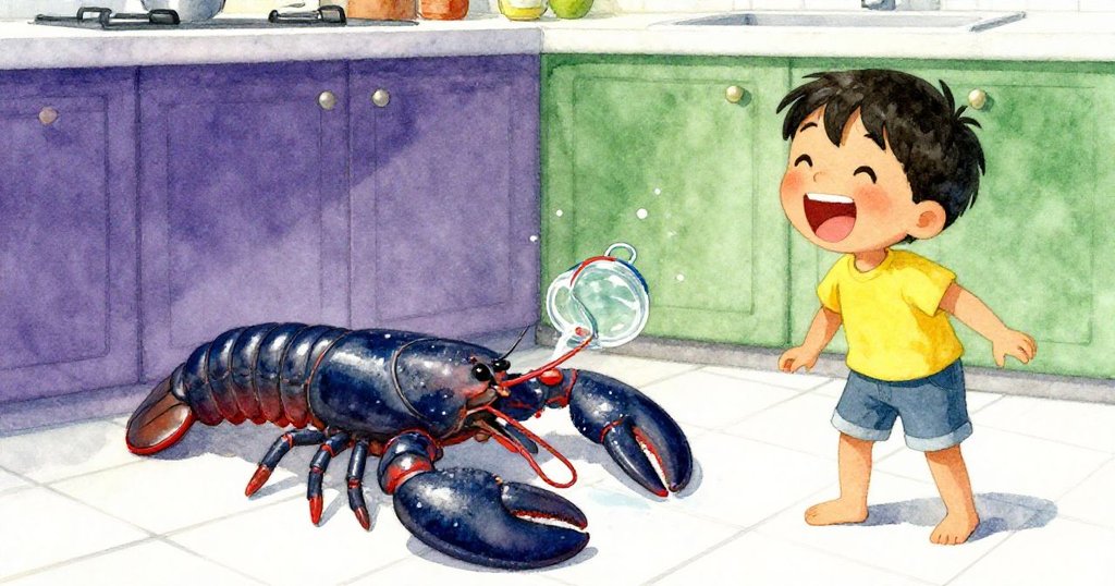 橡膠龍蝦在瓷磚地上跳躍濺水,凱恩大笑展現驚喜與快樂,畫面生動活潑。