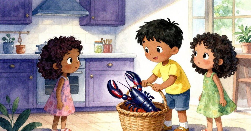 凱恩微笑秘密將橡膠龍蝦放入籃中,佛蘿拉好奇走入廚房,呈現溫馨驚喜午餐互動。