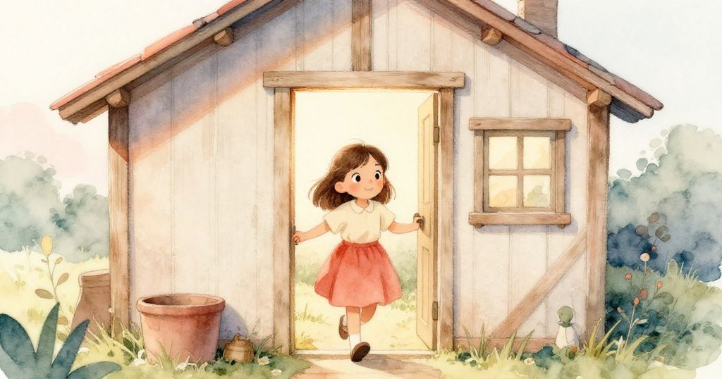 柔和晨光灑進小木棚，橄欖踏入開放木門，探索棚內溫暖木質細節，表情充滿好奇與期待。