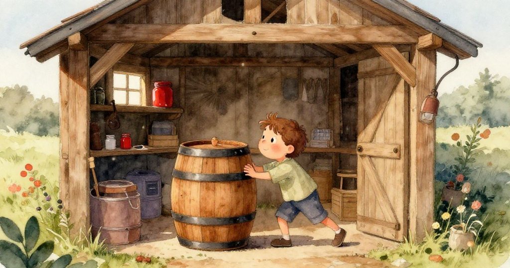 橄欖伸出堅定雙手推動高木桶，捕捉到木紋細節與手部動作，展現努力與好奇探索。