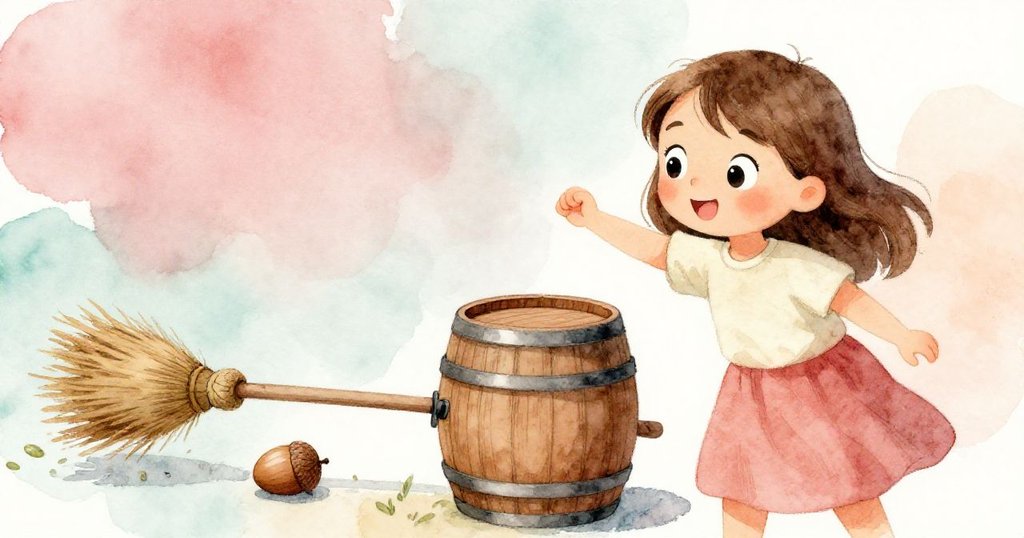 橄欖輕敲木桶發出鼓狀回響，一顆橡果從裂縫滾出擊中歪斜掃把，畫面展示連續動作與巧妙因果。