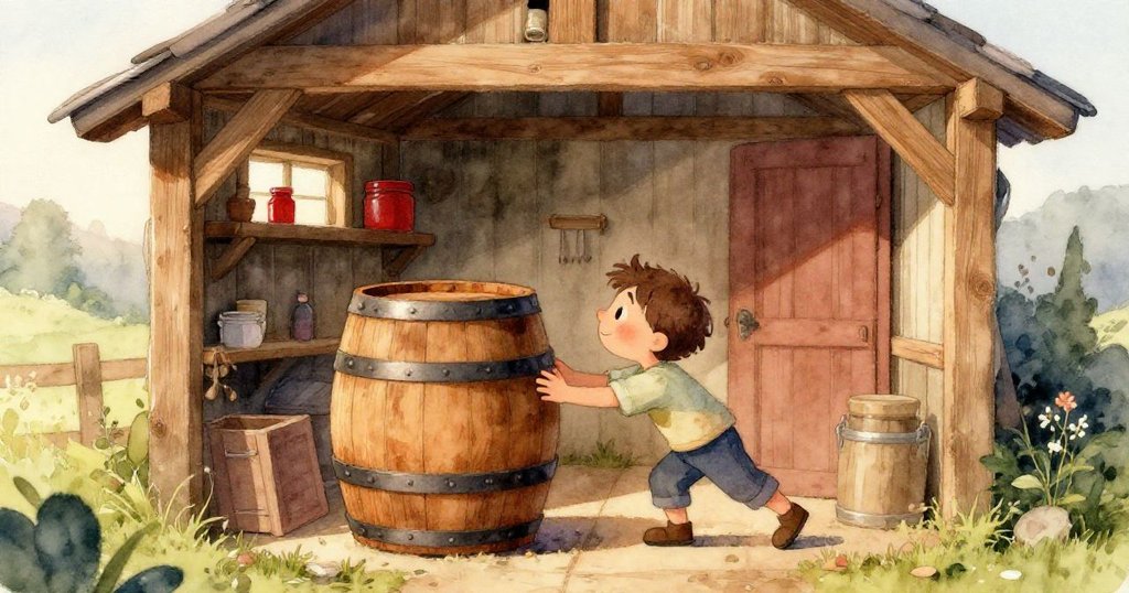 從木棚口望出，綠番茄在柔光中成熟，橄欖鞋邊輕塵飄浮，營造溫馨平靜的家園過渡情景。