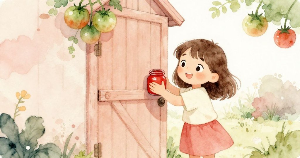 橄欖滿懷喜悅舉起紅漆罐，溫柔關上木棚門，背景中綠番茄悄然成熟，展現圓滿溫馨的結局。