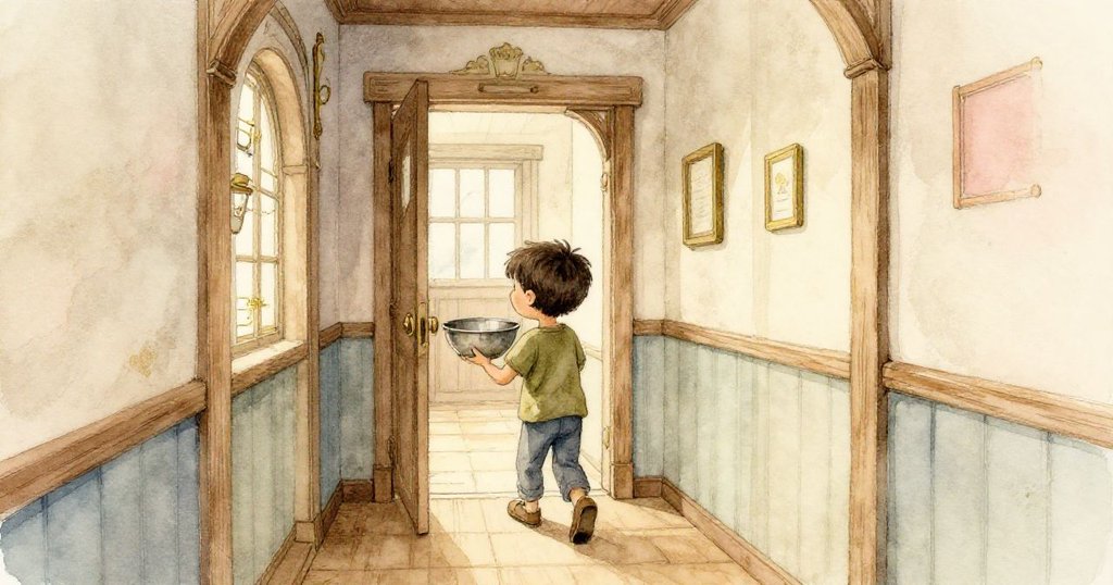 布雷克懷抱著鐵碗走向溫暖家居的走廊與小儲藏室門，臉上充滿期待與決心。