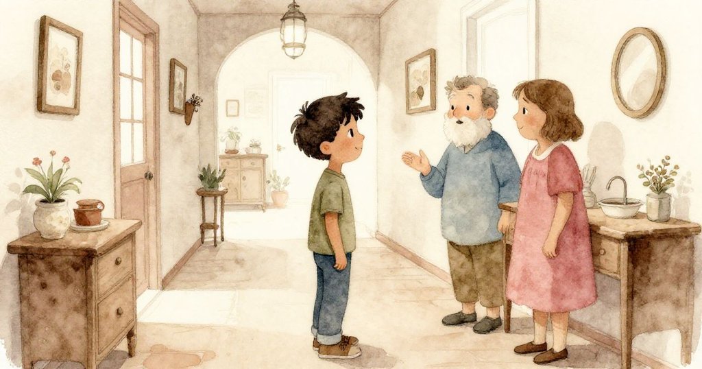 布雷克在走廊中停步，旁邊兩位親切人物生動討論湯料，氣氛溫馨而互動。