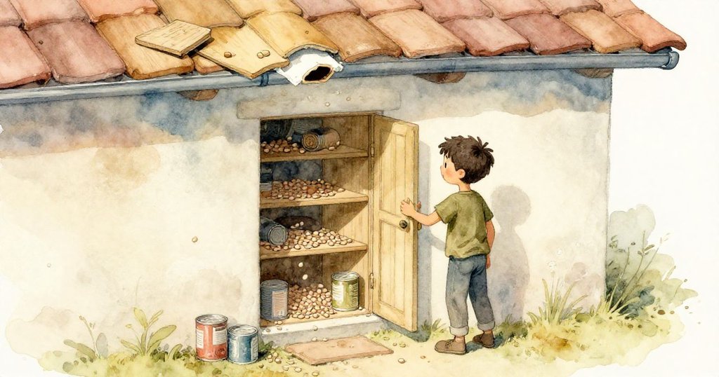 布雷克站在小儲藏室門旁，周圍散落豆子與罐頭，鬆脫瓦片象徵新開始與轉變。