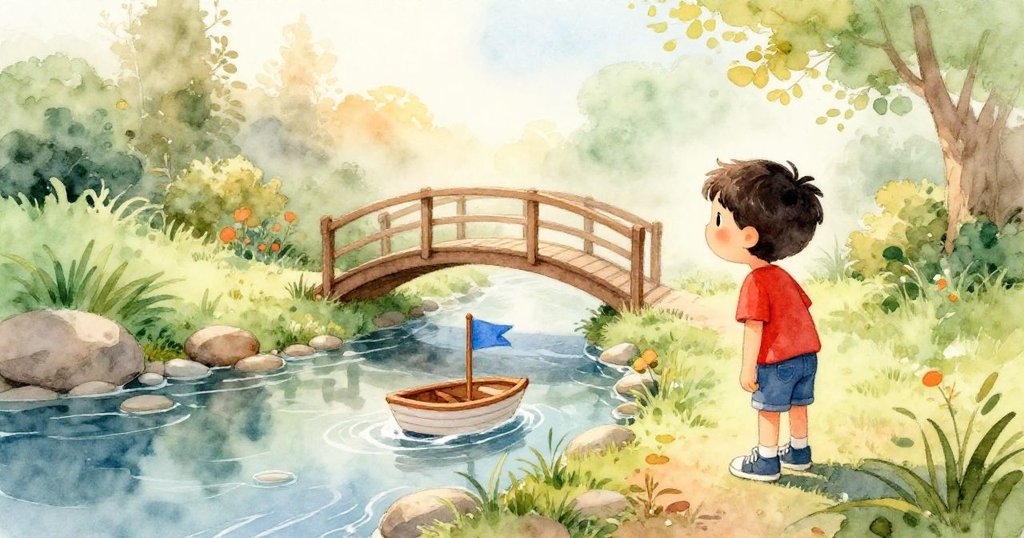 Glen在晨霧中注視著飄向花園橋的玩具船，周遭溪流石徑環繞，心中滿懷好奇與期待。