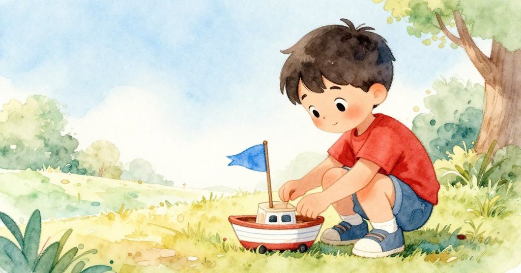 Glen仔細檢查飄舞藍旗的玩具船，手中動作專注，背景透露出清晨柔和的自然氛圍。