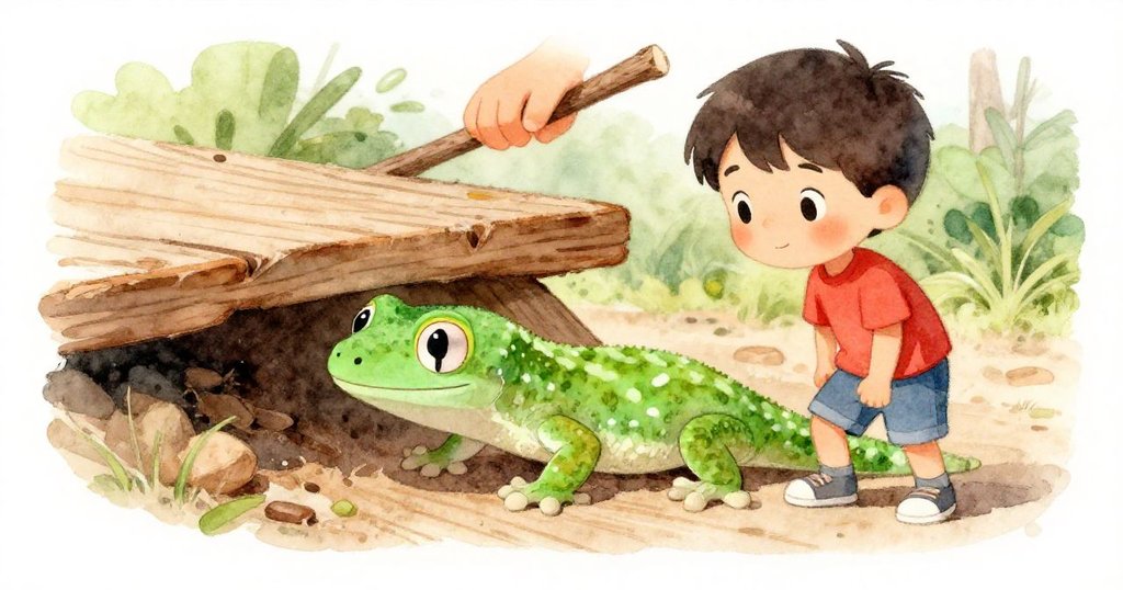 小綠壁虎從木板下迅速躍出，畫面近距離呈現其驚訝又好奇的神情，同時背景中隱約見到Glen的棍子。