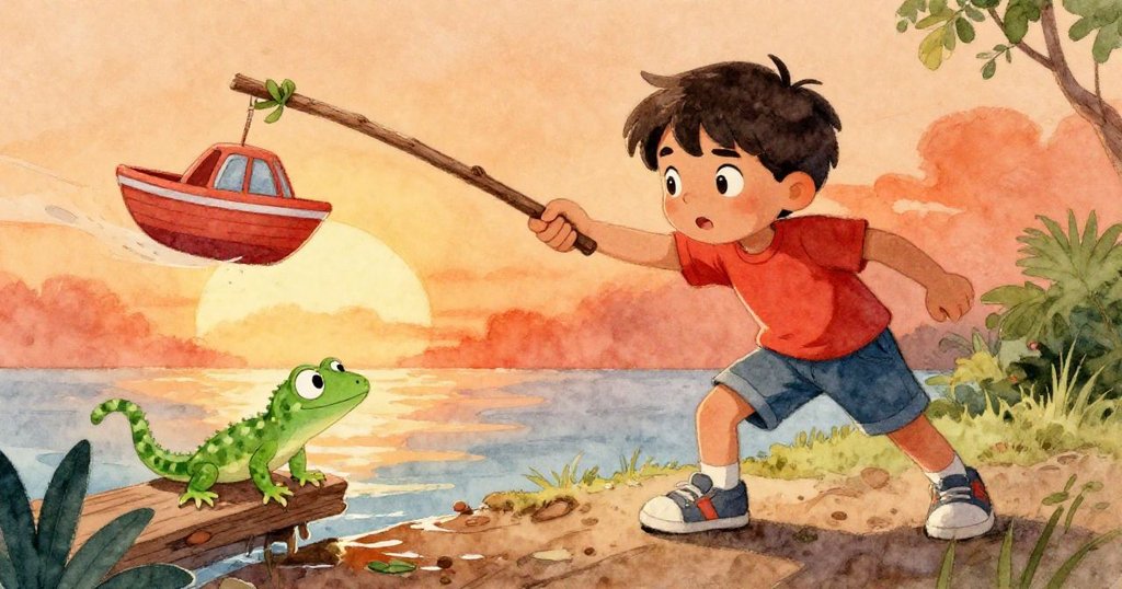 Glen堅定用力推木板，玩具船慢轉向岸邊，壁虎緊抓木板，畫面充滿緊迫與決心。