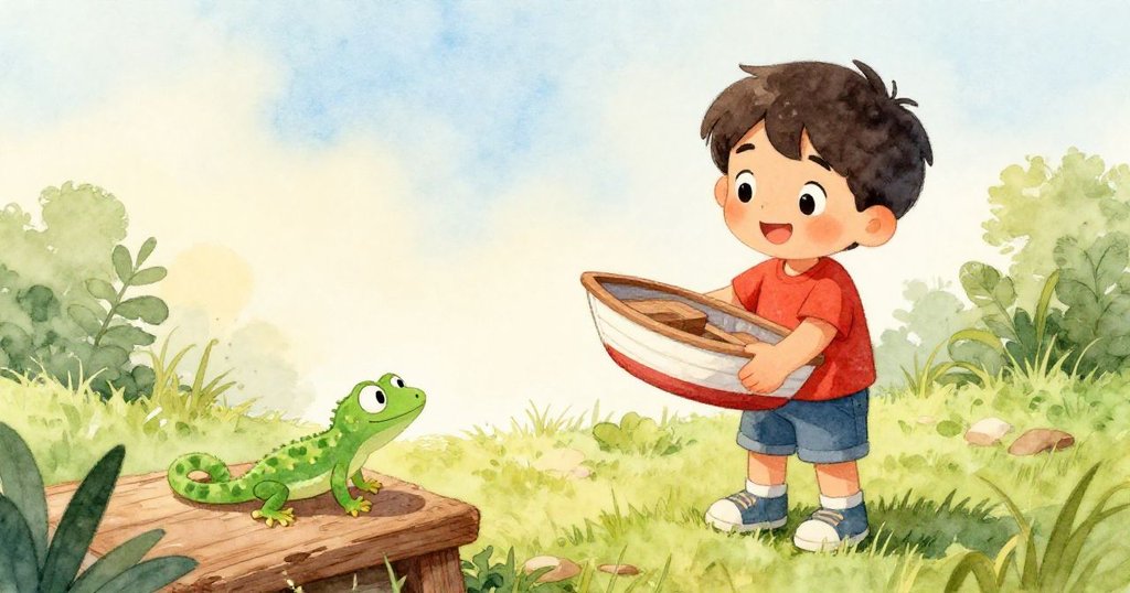 Glen滿臉喜悅地將玩具船捧上青綠草地，壁虎安靜留在濕潤木板上，畫面展現溫馨重聚的結局。