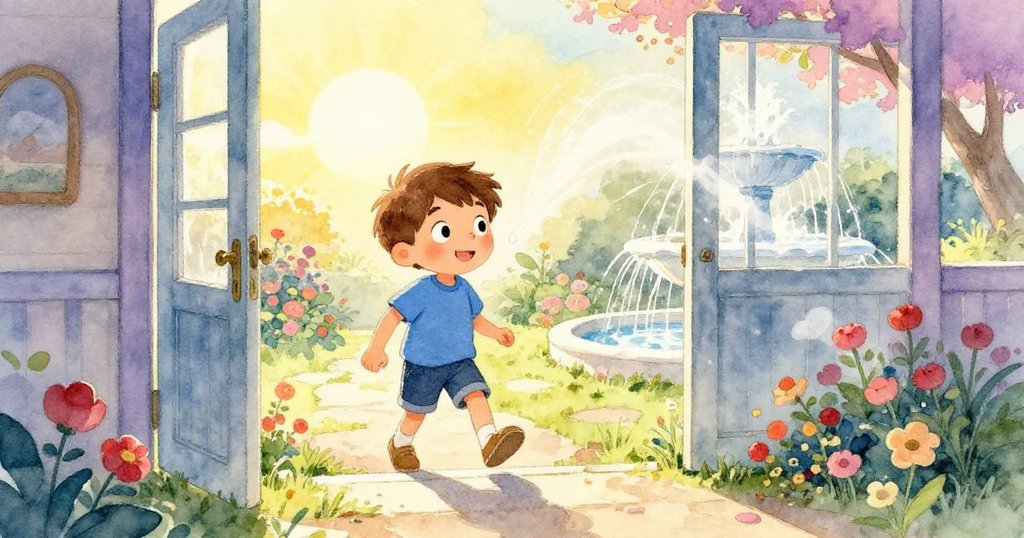 Owen 穿越前門，站在花園噴泉旁，充滿好奇與期待，晨光灑下，溫暖明亮的場景。