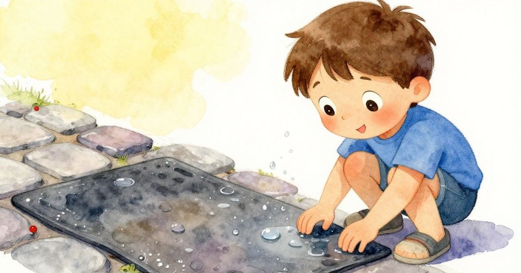 Owen 蹲下仔細觀察花園噴泉的水滴紋理，手觸濕潤的石板和防滑墊，神情專注、滿懷驚奇。