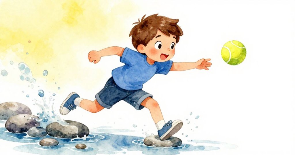 Owen 迅速奔跑於濕滑石板上，腳步輕快卻帶點滑稽，奮力搶取閃耀著陽光的黃色網球，動感十足。