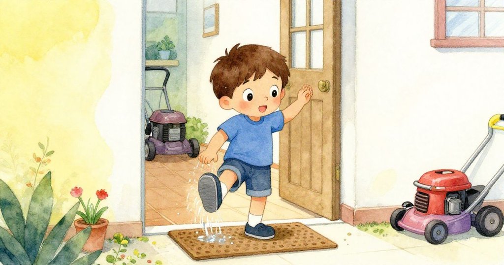 Owen 甩掉濕鞋進入溫馨走廊，室內柔和燈光中映出擦乾的防滑墊和微微透出舊割草機影子，神態舒緩。