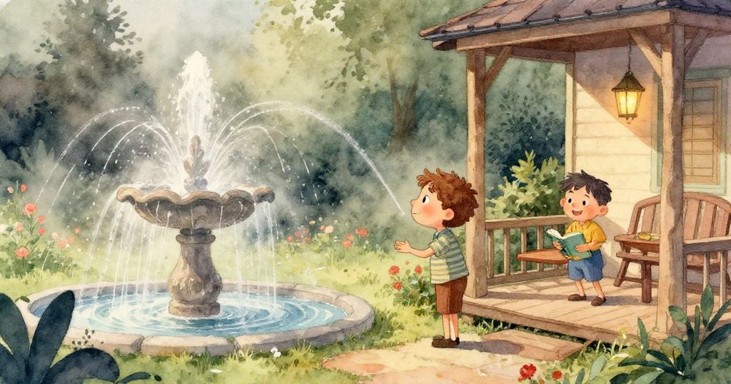 水花奔流中，草坪割草機意外被推動輕碰陶罐，花園中呈現出一種俏皮追逐的動態場面。