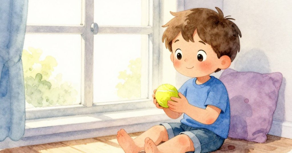 Owen 坐在窗邊，平靜地捧著黃色網球，面帶滿足微笑，陽光溫柔灑進室內，營造出寧靜結局。