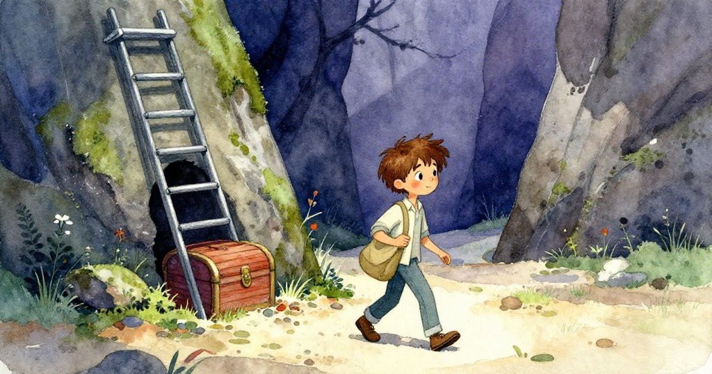 布雷克揹著帆布袋在沙徑上行走，晨光映照下出現苔蘚覆蓋的巖石與金屬梯，展現寧靜冒險起始。