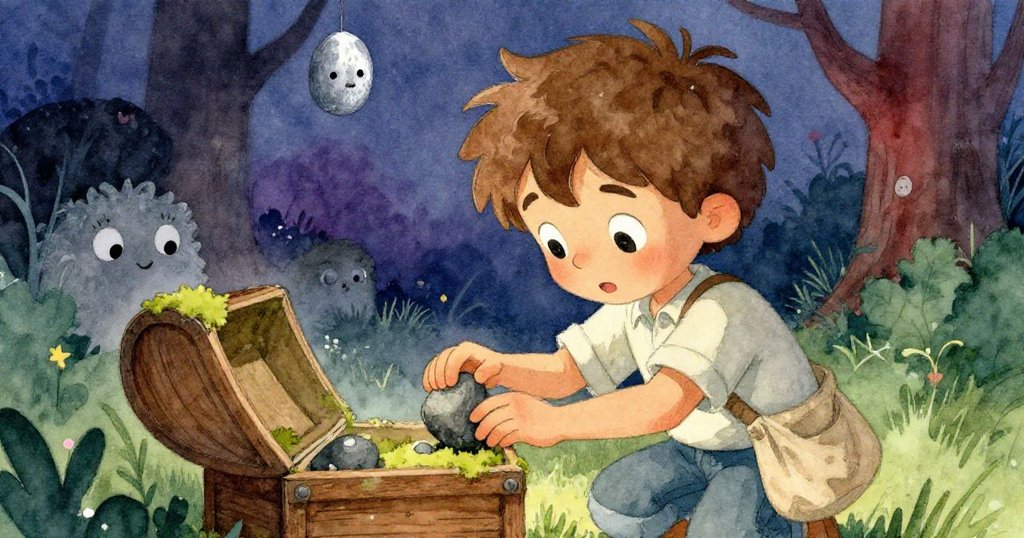 布雷克近距離注視木箱，輕敲石子發出迴響，臉上流露出好奇與調皮的笑容，晨光柔和映襯。