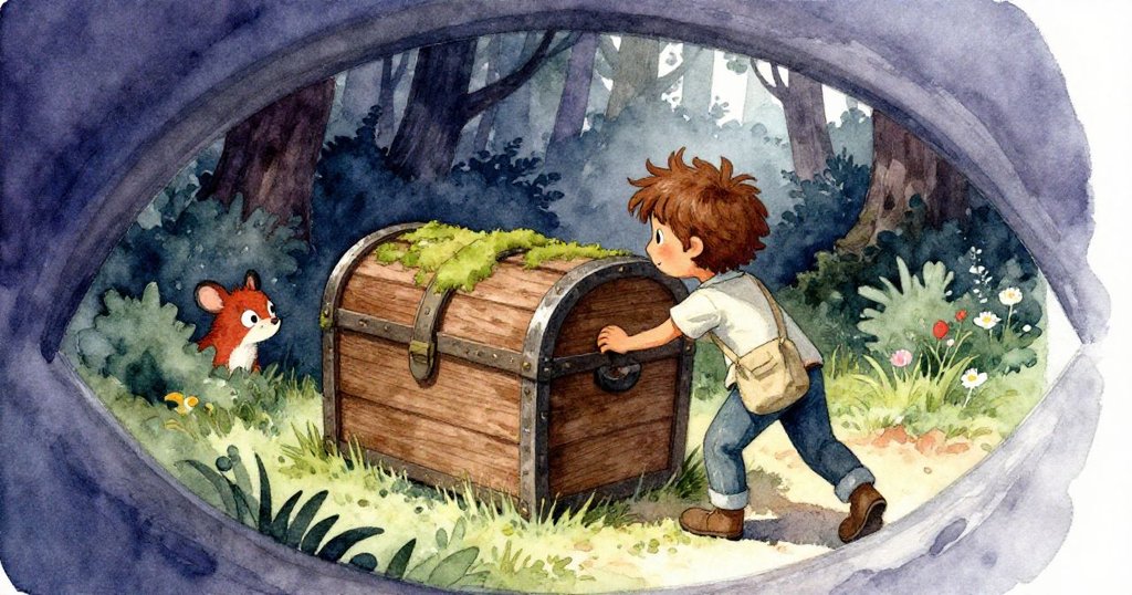 小動物低角度看到布雷克推動覆苔木箱，場景充滿自然生機，背景散發淡淡晨光與自然綠意。