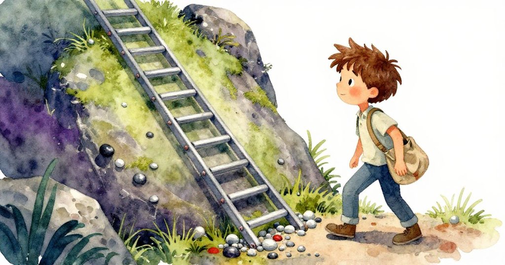 布雷克在金屬梯滑動、碎石紛飛中側步躲避，環境中苔蘚與晨光交織出自然動感。