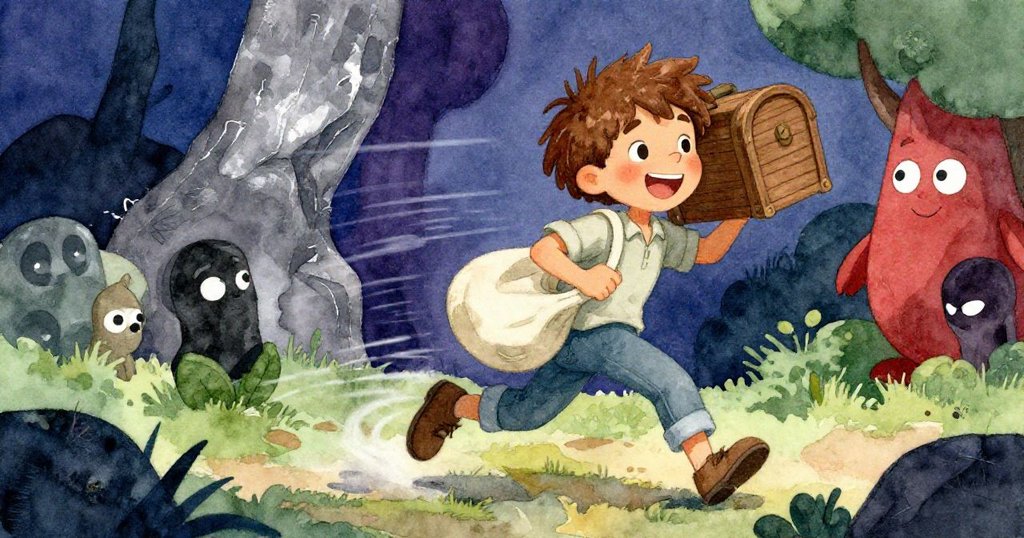 布雷克動感滿滿舉起變輕的木箱，臉上露出堅定興奮笑容，帆布袋緊握，背景顯現自然韻律。