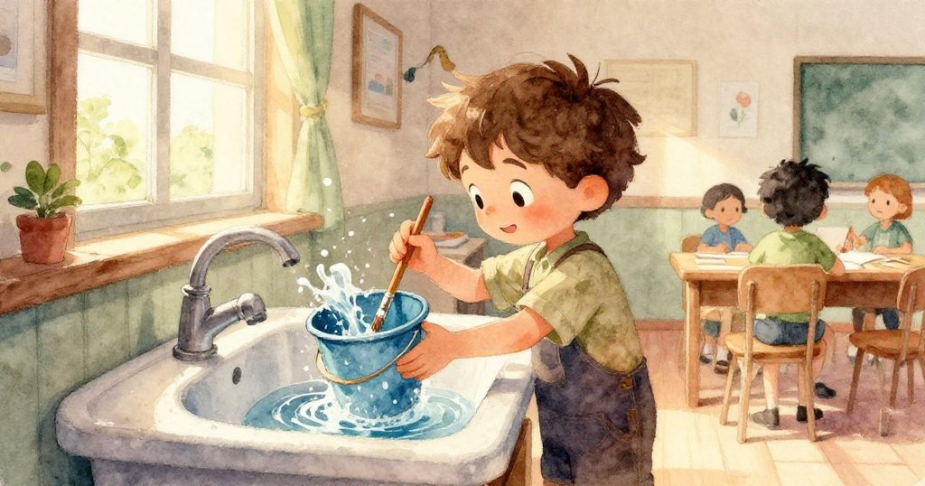 胡果目睹水流激盪，水波衝上工作臺，皂條與藍墨互動，動態場景中充滿創意象徵與活力。