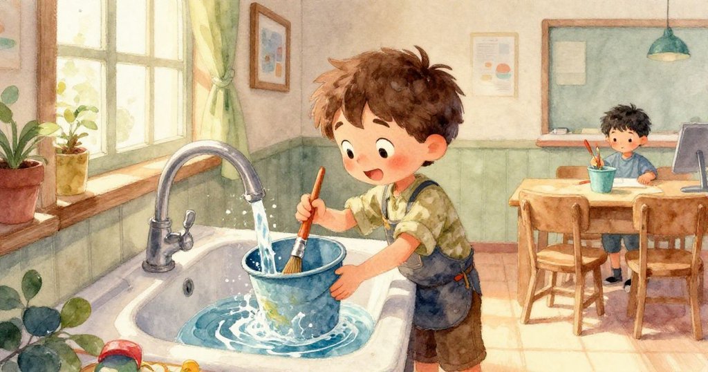 胡果注目於傾斜視角中，紙屑隨藍墨奔流，漫畫裡的笑貓漸被暈染，畫面充滿戲劇張力。