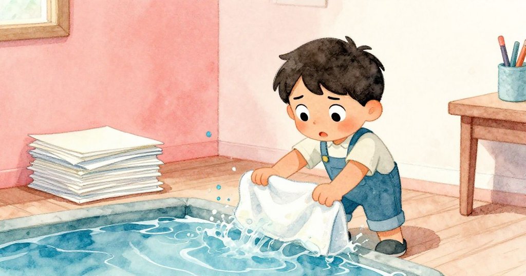 胡果在安靜角落奮力用毛巾擋住藍墨水流，守護白紙，神情果敢且充滿緊迫感。