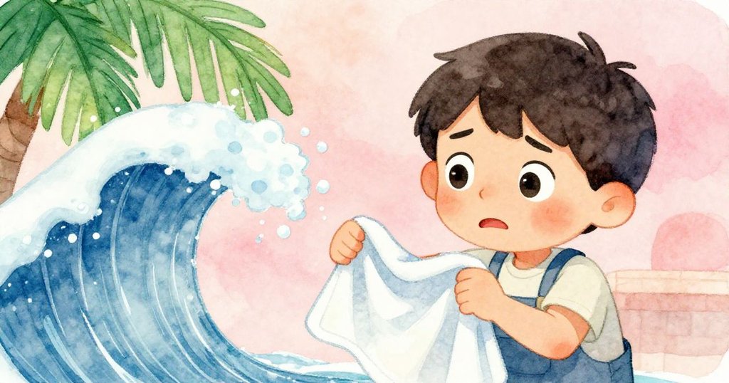 胡果全神貫注用毛巾抗衡水墨洩露，面露焦慮與決心，水滴與墨濺營造出緊張室內氛圍。