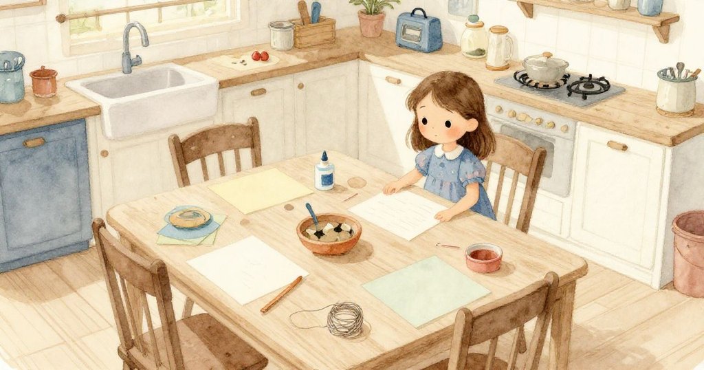 Viola在溫馨廚房中布置彩色紙張與膠水，從空拍視角展現桌上整齊材料，充滿創作期待與柔和光線。