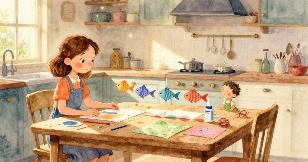 Viola的手部特寫正用剪刀剪裁彩紙魚形，溫暖燈光中展現動作與創作專注的細節。