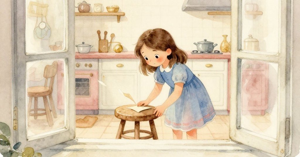 Viola彎腰拾起從凳子下滑出的彩紙碎片，窗外透入柔和光線，展現好奇與溫馨家居氛圍。