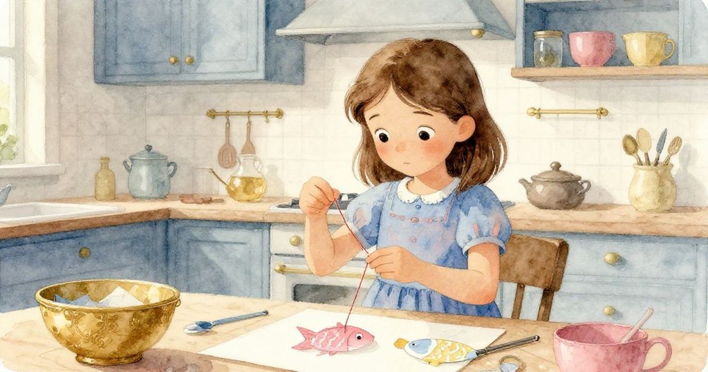 Viola專注於組裝紙魚鏈，先固定繩子再添尾巴，神情堅決，展現出創意調整與家庭溫馨燈光。