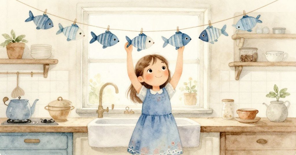 Viola驕傲懸掛完成紙魚鏈於窗上，魚兒輕搖並掉落薄荷種子，營造出溫馨成就感與未來希望。