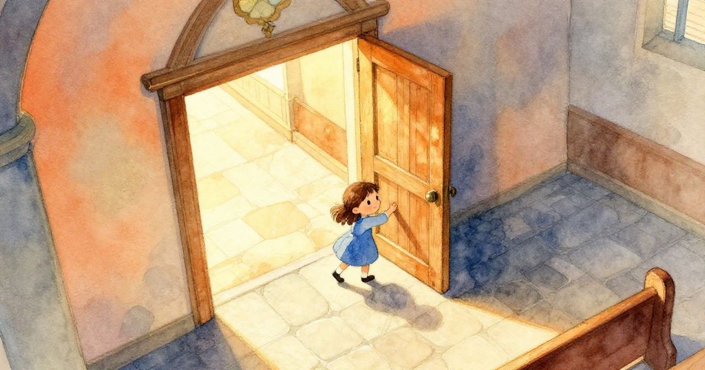 Sara用一隻手推開沉重的教堂大門,晨光灑滿石板地與柱子,展現朝氣與溫暖的室內景色。