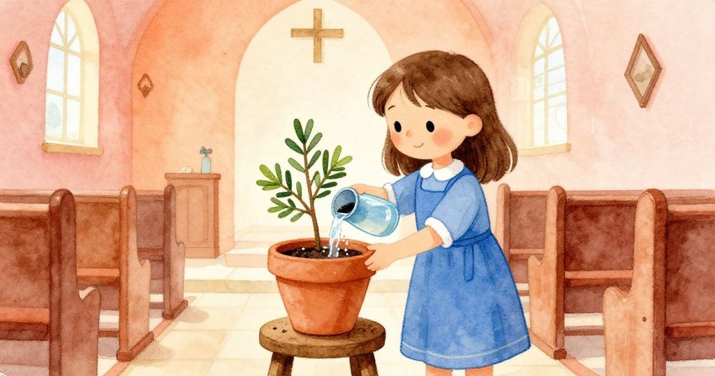 Sara小心地將新杜松苗栽進陶罐,柔和光線下,她專注地澆水,營造出溫馨與細膩的室內氛圍。