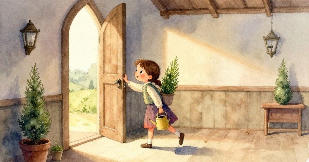 水流沿著石板地面輕輕流動,觸及蠟燭芯盒並捎起一枝小蠟燭,細節生動且充滿韻味。