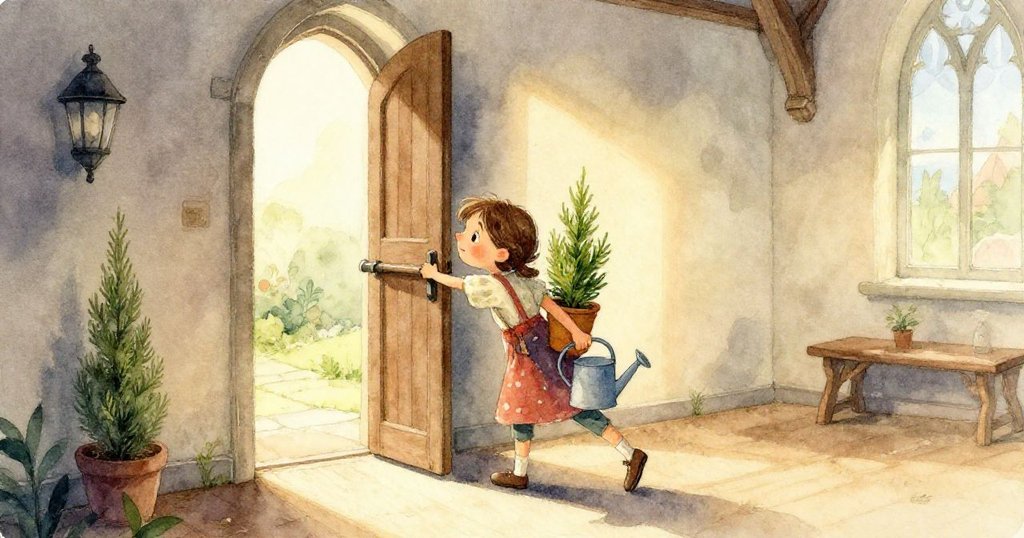 滾動的蠟燭撞上金屬碗發出清脆回響,驚起高樑上寧靜的鴿子,畫面展現春日光影與動感。