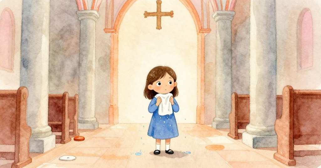 Sara站在教堂後柱前,望向前方的空曠路徑,毛巾上水滴緩緩滑落,氛圍平靜中透著決心。