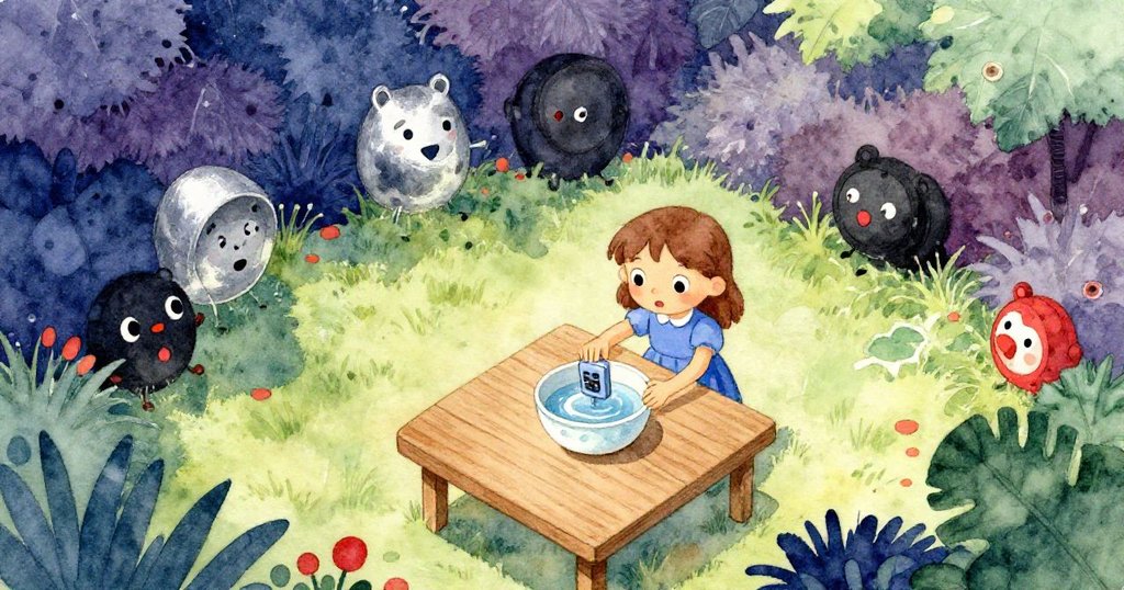 Sara在花園桌上放置小裝置，鳥瞰畫面展現桌上水碗與石板，陽光灑落，準備面試的情境溫馨而寧靜