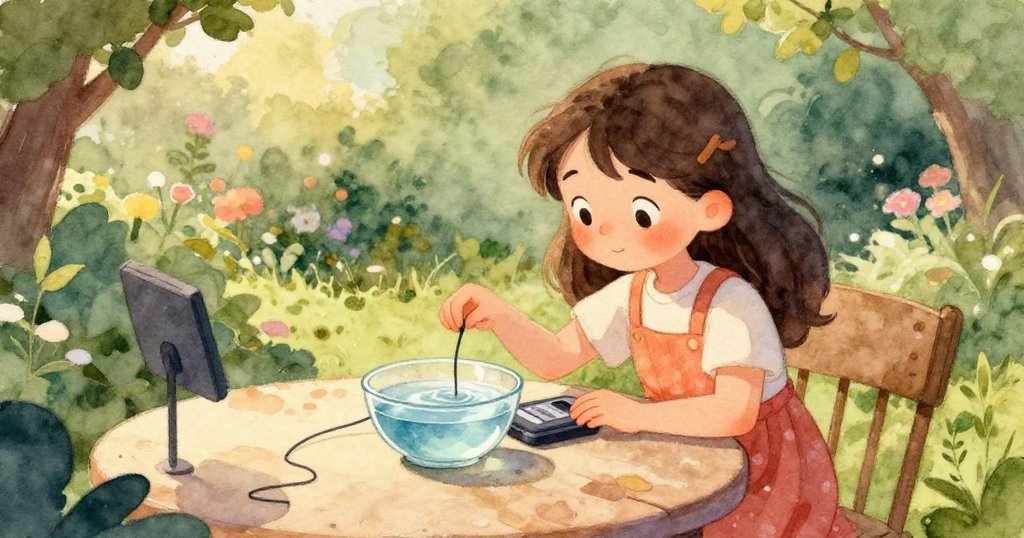 細線浸入透明水中發出溫暖光芒，泡泡閃爍映照希望與創新，場景充滿細膩光影與驚奇