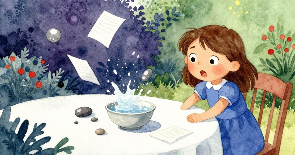 Sara背後望向風中飛動石子和散落紙張，水花初現，桌上細節豐富呈現出環境變化與驚訝情緒