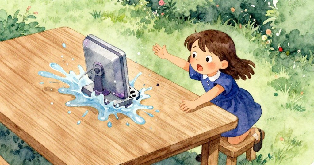 從高處俯視，Sara急速伸手抓取滑行桌上的裝置，水花四濺，動作與緊張情緒生動呈現