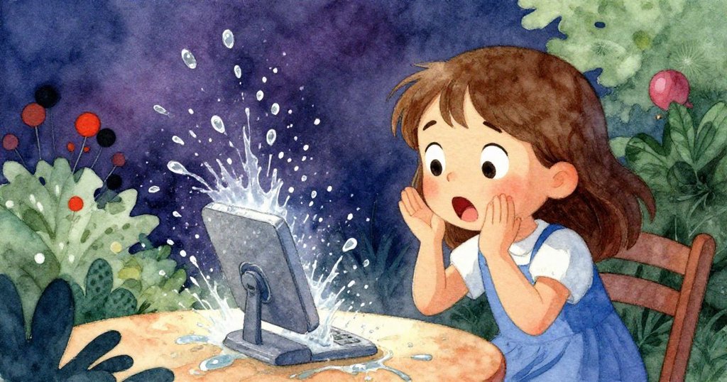 Sara近照中滿臉驚訝，水流追趕落下裝置，臉部情感與桌上水花細膩展現高潮情節