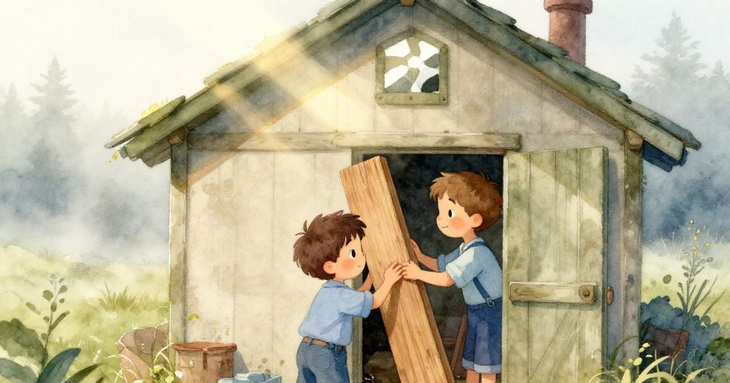 清晨霧氣中，Quinn在狹小棚屋裡仔細檢查木板與梯子，表情堅定且充滿期待，光線柔和溫暖。