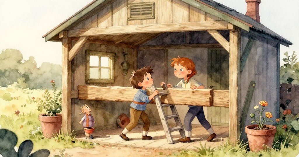 低視角展示小鼠好奇觀察溢出的水滴在土壤上形成黑暗花紋，遠處可見努力動作的Quinn，表情溫柔。